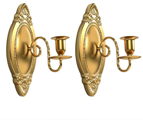 Vrnikhub Gold Candle Sconces Set of Two, Brass Color Victorian Royal Wall Sconce, Metal Rustic Candle Holder Baroque Home Wall Decor for Living Room, Dining Room, Bedroom, Fireplace, Hallway, Window