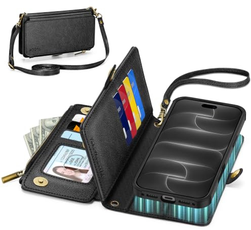 TUCCH Hülle für iPhone 18 Pro Max und iPhone 17 Pro Max, Texturiert Schwarz | 10 Kartenfächer, RFID Blocker, Kabelloses Aufladen, Crossbody Band, Handschlaufe, stoßfestes TPU, Reißverschluss Handyhülle