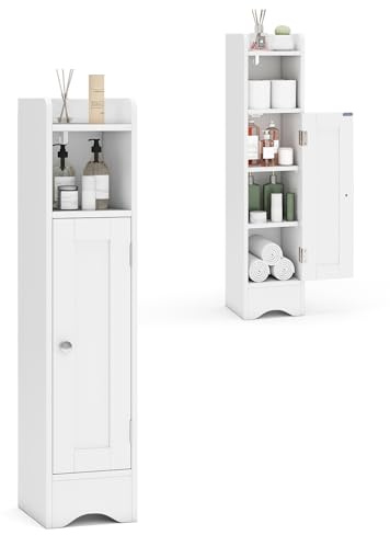 GIANTEX Armario Estrecho de Baño con Puerta, Mueble Organizador para Papel Higiénico con 5 Estantes de Almacenamiento, 2 Estantes Ajustables, 18 x 19,5 x 80 cm, para Salón, Lavandería (Blanco)