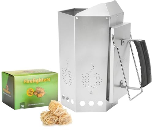 onlyfire Grill Anzündkamin mit Anzündwolle, Grillstarter mit Hitzeschild und Hitzebeständiger Griff, Großer Grillkamin 34,5cm Höhe, Kapazität 3kg, Grillkohleanzünder, Sechseckiger