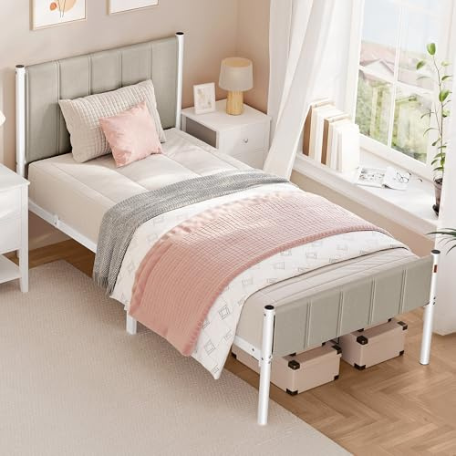 VASAGLE Single Bed Frame, 90 x 190 cm, with Upholstered Headboard, Metal Bed Frame, 250 kg Weight Capacity, Easy Assembly, Cappuccino Beige RMB971LH01