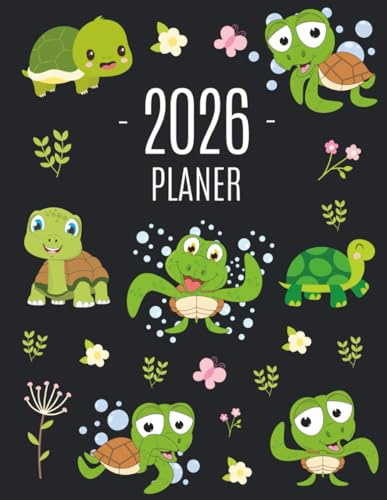 Schildkröte Planer 2026: Monatsplaner mit Wochenübersicht | Raum für Notizen | Januar - Dezember 2026 Agenda mit grünem Reptil | Ideal für die Schule, Studium und das Büro