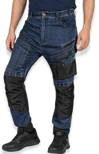 NEO TOOLS Robuste Jeans Arbeitshose, Strapazierfähige Bundhose für Herren | Aus Denim, 400 g/m² mit Kniepolstertaschen, Oxford-Verstärkungen & Stretch-Anteil