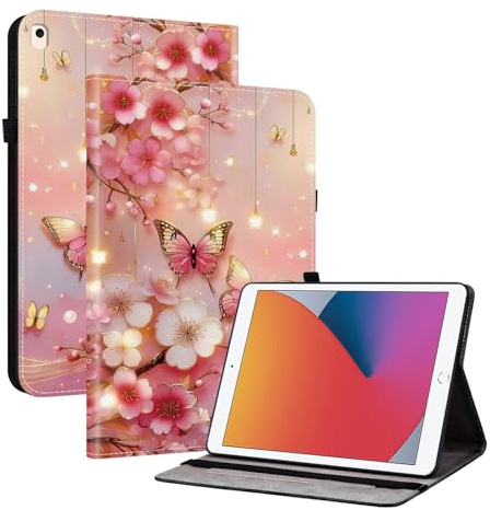 Coque pour iPad 10,2 Pouces (Modèle 2021/2020/2019, 9ème/8ème/7ème Génération), Housse Étui à Rabat de Protection avec Fonction Support, Porte-Pencil, Veille/Réveil Automatique, Papillon de Florale