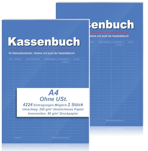 2 Stück Kassenbuch A4 über 2100 Einträge Kassenbuch Kleinunternehmer 32 Blatt Kassenbuch Ohne Mehrwertsteuer für Verein Klein Finanzamt Haushalt Selbständige Kosmetikstudio Blau
