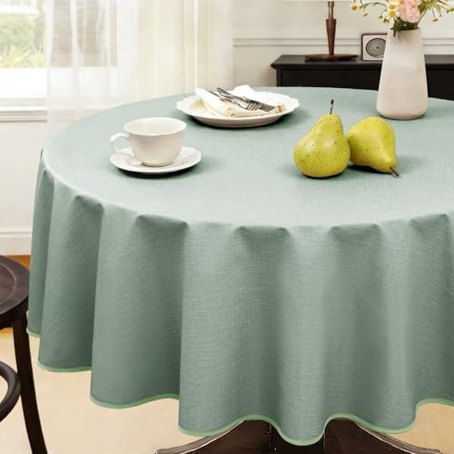 FIBORIA Wachstuchtischdecke rund 100 cm Kleine Mitteldecke fruhling mit Saum Leinenoptik Grün Outdoor Tischdecke wetterfest wasserdicht Table Cloth für Frühling,Sommer,Draußen,Balkon,Garten,Terrasse