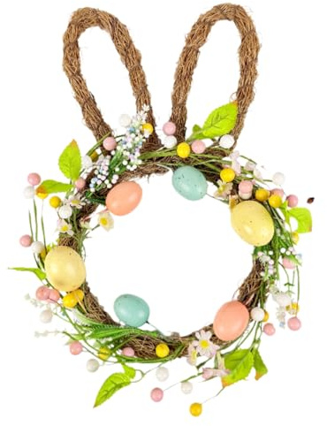 Osterhasenkränze, 35 cm, Ostereierform, Frühlingstürkranz, künstlicher Kranz, Dekorationen, bunte Eier und Hasenohrenkränze für Frühling, Ostern, Urlaub, Zuhause, Party, Wanddekoration