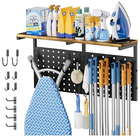 VINCOURNA Ironing Board Hanger, Iron Holder Wall Mount with Cleaning Supplies Organizer, Utility Room Storage Solutions Shelf with Iron Stand & Broom Mop Holder Hooks, Laundry Utility Room Accessories