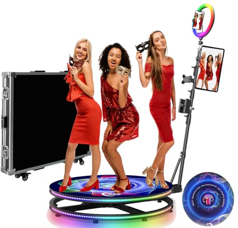 360 Photo Booth Machine with Holographic Display, AI Voice App Remote Control, Auto Spin Video Booth with Flight Case, RGB Ring Light & Custom Logo, 360 Camera Booth for Event (80cm/31.5inch)