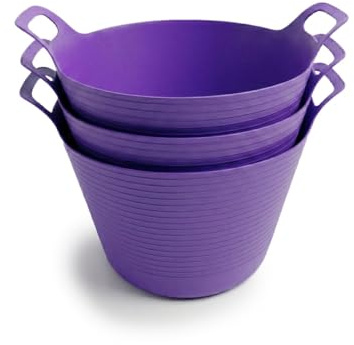 ORGANIZED 40L Flexi Tub Set of 3 Large Heavy Duty Flexible Buckets Multi Purpose Garden Tub Builders Bucket Rubber Storage Container Cleaning DIY (Purple)
