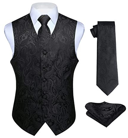 Hisdern Manner Paisley Floral Jacquard Weste & Krawatte und Einstecktuch Weste Anzug Set, Schwarz, Gr.-2XL (Brust 51 Zoll)