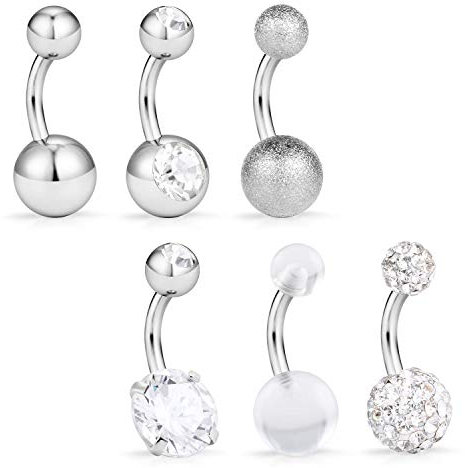 VFUN Kurz Bauchnabelpiercing 6mm Bananabells Curved Barbell Piercing 316L Chirurgenstahl Navel Bauchnabel Piercing mit CZ 14G 6 Stück