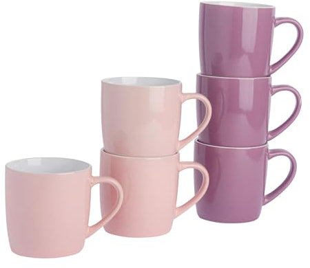 Argon Tableware Coloured Coffee Mugs - Pink/Purple - 350ml - Pack of 6 - Gloss Ceramic Stoneware Latte Cappuccino Cups Hot Chocolate Cups Colourful Mug Set with Handle