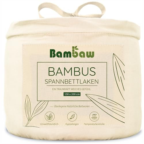 Bambaw Bambus Spannbetttuch 150 x 200 cm, 35 cm Steghöhe, regulierende und atmungsaktive Bettwäsche Bambus, Spannbetttuch kühlend, Gummi Spannbettlaken hypoallergen, Allergiker-Bettwäsche (Elfenbein)