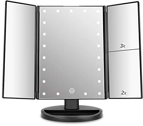 Deweisn Tri-Fold Lighted Vanity Makeup Mirror With 3X/2X/1X Magnification, 21 LED Lights, Touch Screen Dimming, Two Power Supply Modes, Tabletop and Travel Cosmetic Use