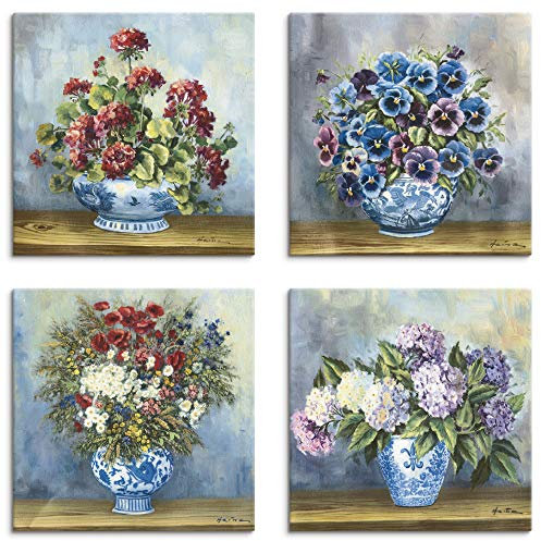 ARTLAND Wanddeko Blumenbilder Leinwand Bilder Set 4tlg. je 30x30 cm Quadratisch Wandbilder Natur Blumen Blau Bouqets A6OM