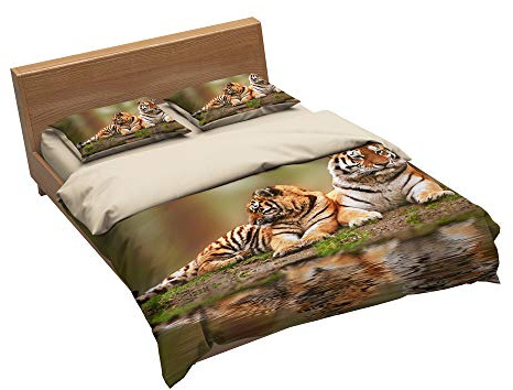 EU-VV Set Biancheria da Letto Modello Animale 1 Copripiumino + 2 Federa 100% Microfibra Trapunta (Tigre,King(220x240cm+2/75x50cm 1.8M Bed))