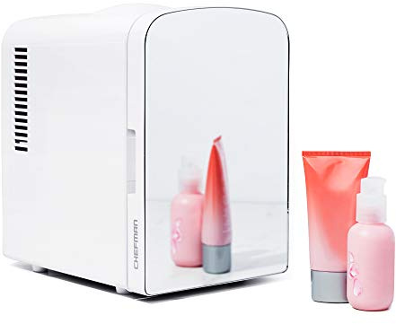 Chefman Portable Mirrored Personal Fridge, 4 Liter Mini Refrigerator, Skin Care, Makeup Storage, Beauty, Serums And Face Masks, Small For Desktop Or Travel, Cool & Heat, Cosmetic Application - White
