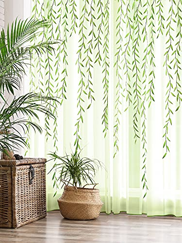 Breling Willow Voile Curtains Cute Green Sheers Leaf Tulle Vine Window Sheers Ivy Pretty Curtain for Living Room Bedroom Window Door Balcony (39.4 x 78.7 Inch,Print Style,2)