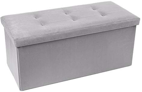 INTRECCI Pouf Contenitore, Puffo per Sedersi, Panca Contenitore, Effetto Velluto, Rettangolare, 76x34x34 cm, Imbottito, Versatile, Facile da Pulire. Colore: Grigio