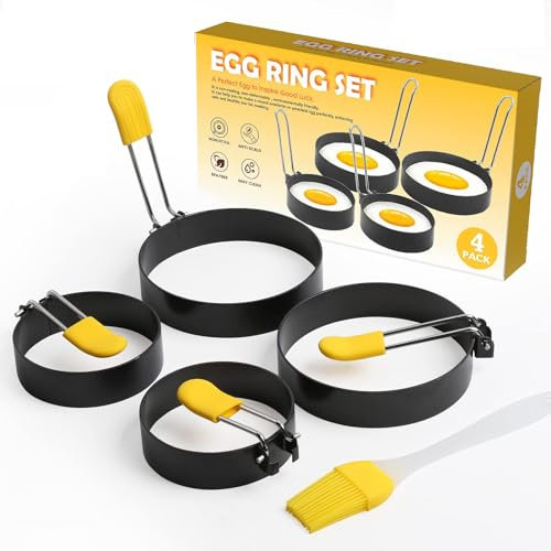 XCWTBL Anneaux d'oeuf antiadhésifs anneaux d'oeufs au plat, 2 ustensiles Inox de cuisine avec brosse et couvercle en silicone anti-brûlure, pour œufs au plat, sandwichs, pain de viande, noir