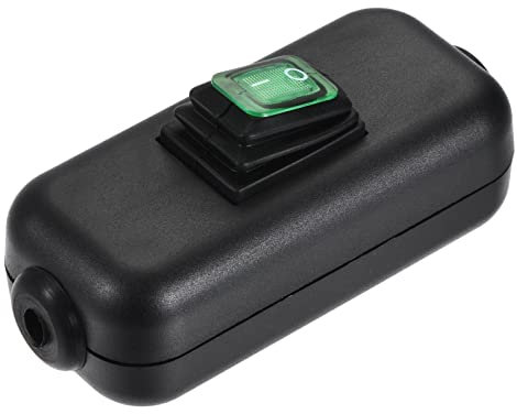 sourcing map Waterproof Appliance Switch, AC 250V 6A ON/Off Inline Cord Green Light Rocker Switches IP67 for Lamp Black