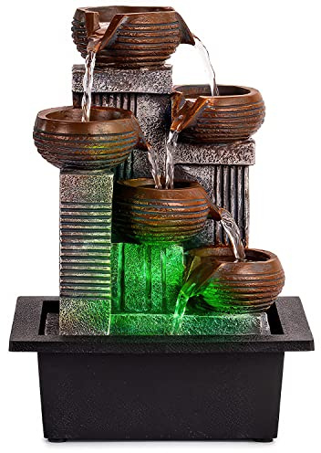 Father'sDen Collection Tabletop Water Fountain-Indoor Waterfall from 5-Tiered Pots-12”H-Desk Fountain-Office Decor with Audible Calming Waterfall Sounds-Zen Fountain with Color Lights