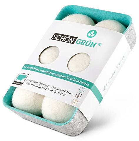 schön grün - Trocknerbälle - natürlich & nachhaltig - Trocknerball - Original Trocknerbälle von schön grün - 6 Stück 100% Schafwolle - natürlicher Weichspüler - Trocknerkugeln mit Aufbewahrungsbox
