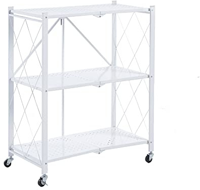 Catter House Kim Regal aus Metall, faltbar, 84 – 71,5 x 36 x 84 cm, Weiß mit 360 Grad drehbaren Rädern und 3 Etagen, belastbar bis 120 kg