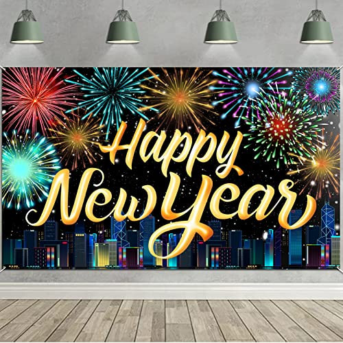 HOWAF Silvester Deko 2025 Neujahrs Banner, Extra Große Happy New Year Banner Silvester Stoff Foto Hintergrund Banner für Drinnen Draußen Neujahr Deko 2025 Silvesterparty Silvesterdekoration, 185x110cm
