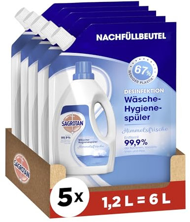 Sagrotan Wäsche-Hygienespüler Himmelsfrische Nachfüller – Desinfektionsspüler für hygienisch saubere und frische Wäsche – 5 x 1,2 l Reiniger im praktischen Vorteilspack
