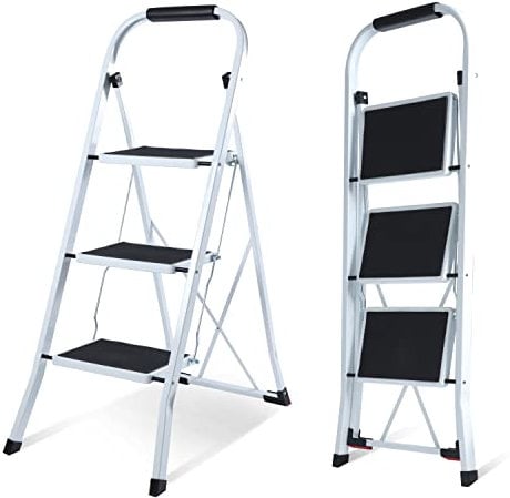 EPROSMIN 3 Step Ladder –Folding Step Ladder, Portable With Anti-Slip Mat & Comfortable Soft Handgrip, Heavy Duty Steel Step Ladder - Easy to Store Step Ladders, 150KG Max Capacity (3 Step - White)
