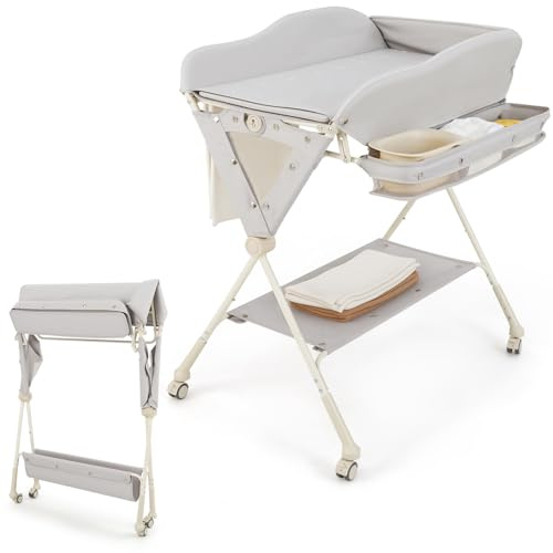 LIFEZEAL Fasciatoio con Ruote Universali, Pieghevole e Portatile | Fasciatoio in Tessuto Resistente e Impermeabile con Piccola Vasca, Struttura Robusta, Capacità di 15 kg, per Bambini 0-6 Mesi