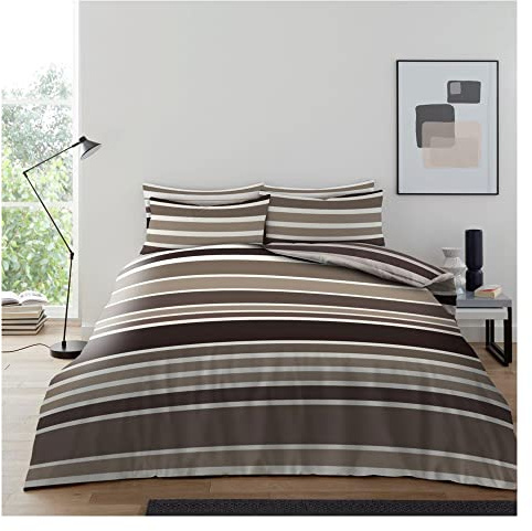 Lions 4 Piece Bedding - Natural Textured Striped King size Duvet Cover Sets 230x220cm With 1x Fitted Sheet and Matching 2x Pillowcase, Soft, Reversible Quilt King Duvet Set