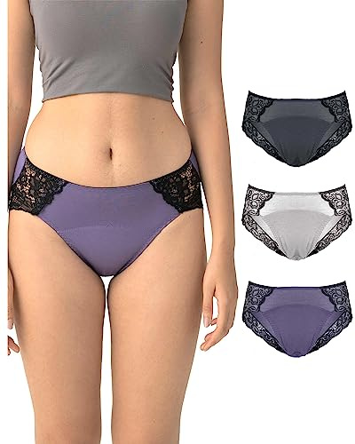 Neione Women Period Pants Menstrual Underwear Postpartum Knickers Lace Hipster Ladies Briefs 3 Pack Lilac XS