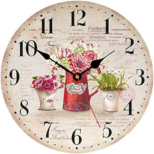 TAHEAT 30 cm Flores Plantas Reloj de Pared, Decorativo Vintage Madera Silencioso Reloj para Salon de Estar/Cuarto/Baño/Cocina