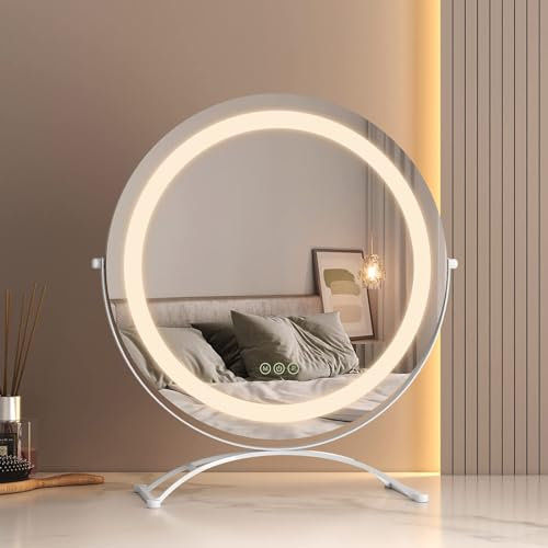 EMKE Hollywood Spiegel mit 3 Lichtfarben, Φ40CM Schminkspiegel mit Beleuchtung, Smart-Touch Schminktisch Spiegel mit Licht 360° drehbar, dimmbar und mit Memory-Funktion - Weiß