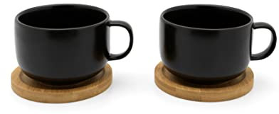 Bredemeijer 2-teilige Schwarze Keramik Teetassen mit Henkel & Holz-Untersetzer - 250 ml Teebecher aus Steingut