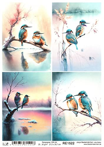 Josys Bastelmärchen Reispapier A4 Strohseide Decoupage Eisvogel Vögel Zweig See Landschaft RE1522