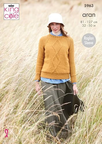 King Cole Aran Knitting Pattern Ladies Cable Knit Round or Polo Neck Sweater (5963)