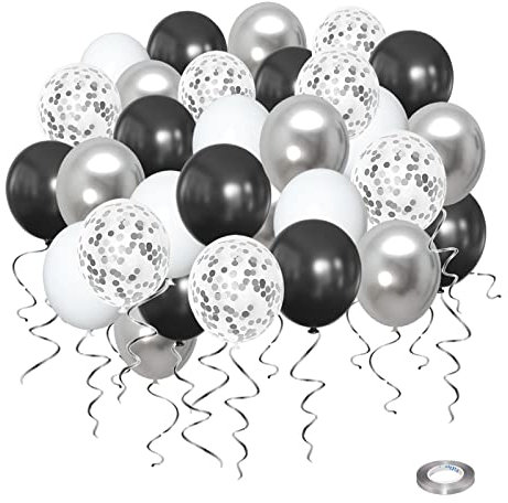70 Stück Ballons Schwarz Silber Weiß, Wiletasz 30cm Silber Schwarz und Weiß Ballons Metallic Latex Konfetti Ballons Helium Ballons für Geburtstag Graduierung Jahrestag Party Dekoration