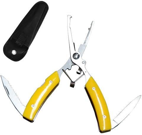 FIBOUND Angeln Zangen, Spaltringzange Edelstahl Angelzange für Angelköder-Set, Multifunktionale Angelzange Schere Taschen-Messer Hakenlöser mit Gürteltasche (Gelb)