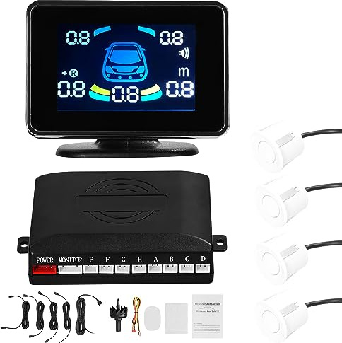 Shkalacar Auto Einparkhilfe Bausatz, Rückfahrradarsystem vorne und hinten mit 4 Parksensoren, unterstützt akustische Warnung/Summer/Stummschaltung, LCD-Abstandsanzeige, Lautstärke einstellbar(Weiß)
