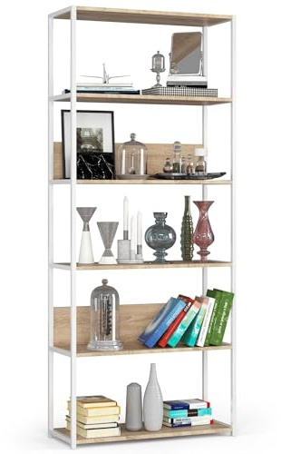AKORD Industrielles Regal 80 cm | | Loft Bücherregal | Moderner Schrank | Bücher Regal | 6 Einlegeböden | Funktional Stabil | B80 x H192 x T32 cm | Gewicht 27,00 kg | Weiß/Sonoma Eiche