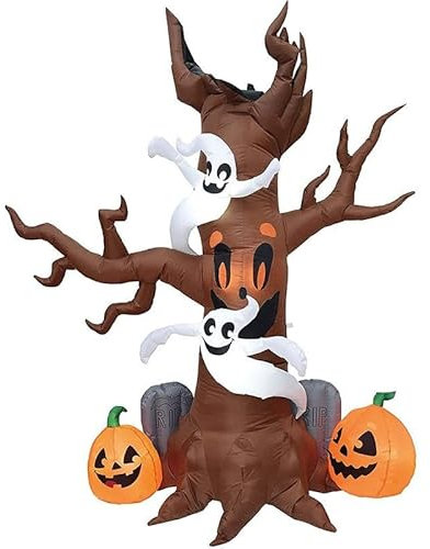 Halloween Gruselbaum | Aufblasbarer Geist windet Sich um leuchtenden Baum mit Kürbissen als Deko-Requisiten