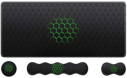 HAOCOO Keyboard Mouse Pad Set, Large Gaming Mouse Pad + Keyboard Wrist Rest + Mouse Pad with Wrist Support + Coaster, Easy Typing Pain Relief, 35.4x15.7in Desk Mat for Home Office, Honeycomb