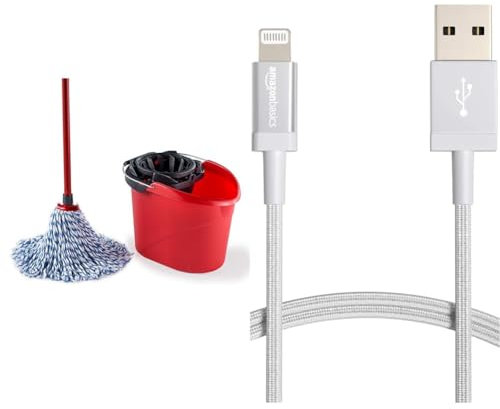 Vileda SuperMocio Microfibre and Cotton Mop and Bucket Set, Mop for Cleaning Floors & Amazon Basics USB-A to Lightning Charger Cable, Nylon Braided Cord, MFi Certified