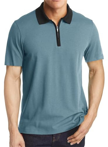 Dinnesis Herrenmode Frühling und Sommer Casual Kurzarm Reißverschluss einfarbig Kurzarm T-Shirt Top Herrenschal (Blue, XXL)