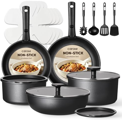 CAROTE Set da 19 pentole e padelle antiaderenti, con manico staccabile, set da cucina a induzione antiaderente con manico rimovibile, adatto per camper, adatto al forno, nero