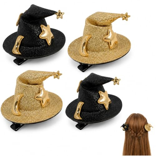 BESTYASH Halloween Hexenhut Haarspangen, 4er-Set, glitzernd | Glitzernde Kunststoffclips für Cosplay, Tanz und festliche Deko
